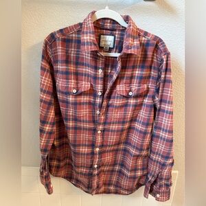 American Eagle Men's Orange and Blue Plaid Button-Up